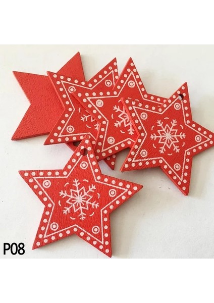 P08-KIRMIZI Yıldız 10 Adet 5 cm Kırmızı Kalp Yıldız Çan Kar Tanesi Noel Süsler Kolye Doğal Ahşap Noel Asılı Konfeti Noel Ağacı Süslemeleri (Yurt Dışından)