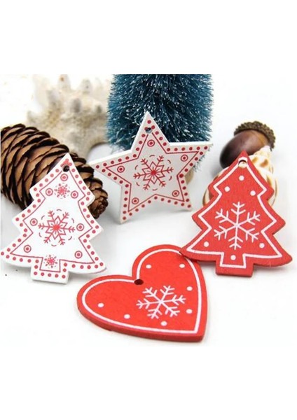 P08-KIRMIZI Yıldız 10 Adet 5 cm Kırmızı Kalp Yıldız Çan Kar Tanesi Noel Süsler Kolye Doğal Ahşap Noel Asılı Konfeti Noel Ağacı Süslemeleri (Yurt Dışından)