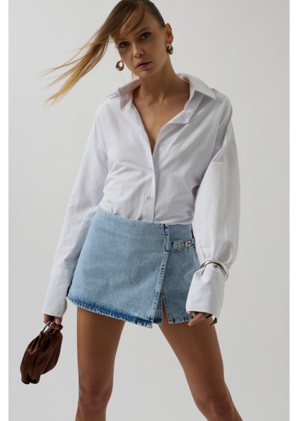 Kemer Detay Denim Mavi Şort Etek