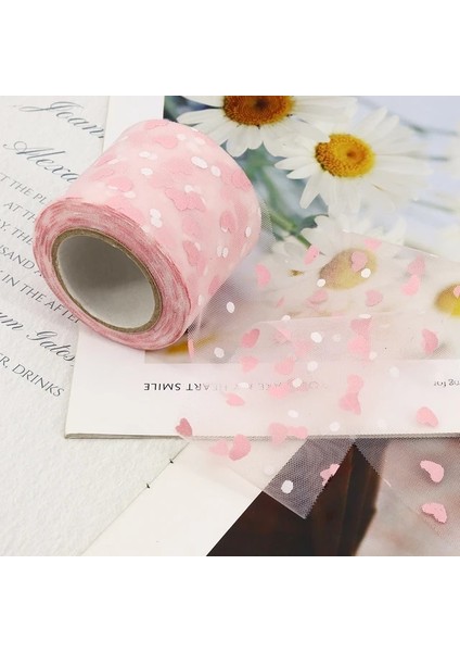 Soluk Pembe 6 cm 25 Metre Yumuşak Tül Şerit Kalp Boyalı Örgü Bant Dıy El Yapımı Hairbow Şapkalar Karalama Defteri Düğün Sevgililer Günü Partisi Dekoru (Yurt Dışından)