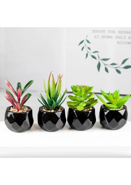 Stil 9 Siyah Seramik Saksı Mini Yapay Yeşil Succulents Bitki Bonsai Seti Sahte Çiçek Vazo Ev Balkon Dekor Masaüstü Süsleme (Yurt Dışından)