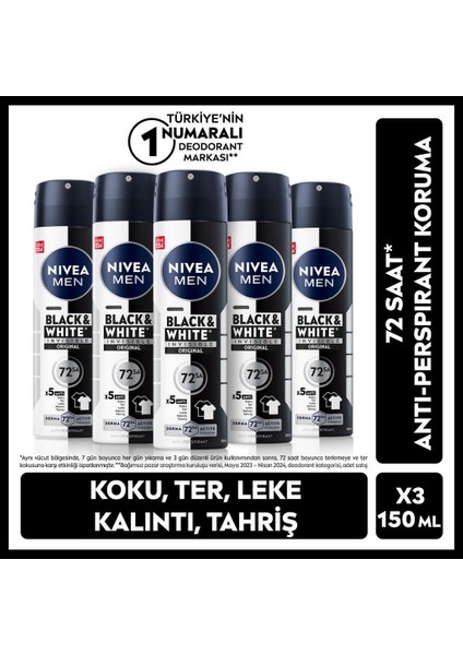 MEN Erkeak Sprey Deodorant Black & White Invisible Original 150ml, 72 Saat Anti-Perspirant, X5 Adet