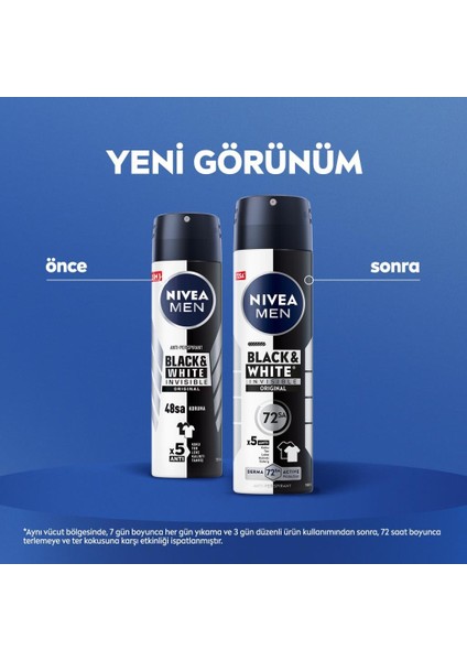 MEN Erkeak Sprey Deodorant Black & White Invisible Original 150ml, 72 Saat Anti-Perspirant, X5 Adet