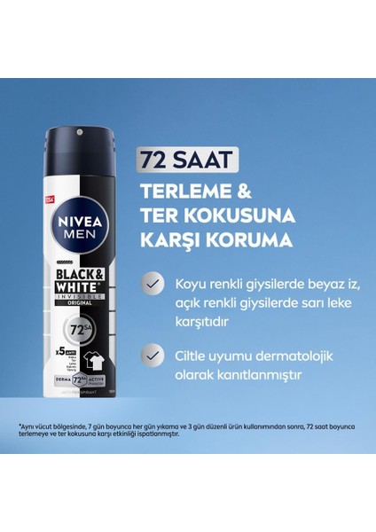 MEN Erkeak Sprey Deodorant Black & White Invisible Original 150ml, 72 Saat Anti-Perspirant, X5 Adet