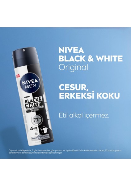 MEN Erkeak Sprey Deodorant Black & White Invisible Original 150ml, 72 Saat Anti-Perspirant, X5 Adet