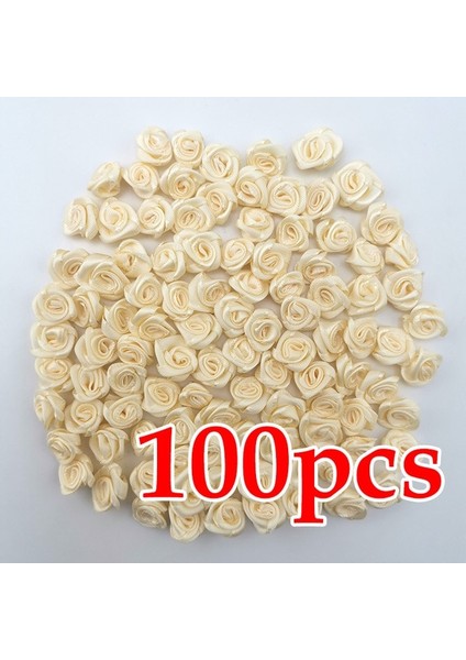 Bej (100 Adet/paket) 10*10MM Mini Taze Pembe Kurdele Çiçekler Küçük Boy Saten Kurdele Yapay Çiçek Zanaat Şenlikli Parti Dekorasyon (Yurt Dışından)