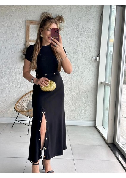 Buketli Kadın Beli Tam Tur Sarı Çıtçıt Detaylı Çıtçıt Yırtmaçlı Kısa Kollu Maxi Boy Ottoman Elbise