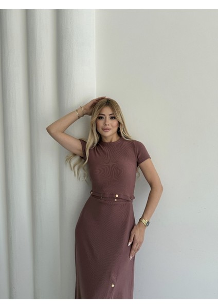 Buketli Kadın Beli Tam Tur Sarı Çıtçıt Detaylı Çıtçıt Yırtmaçlı Kısa Kollu Maxi Boy Ottoman Elbise fırsatları