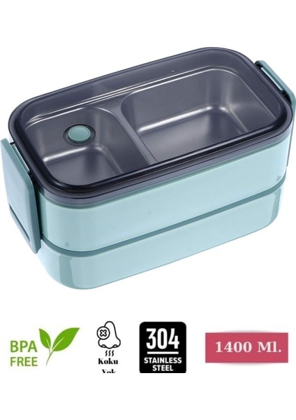 İki Kat Üç Bölmeli 304 Paslanmaz Çelik Yeni Nesil Yeşil Saklama Kabı, Lunchbox 1400 ML