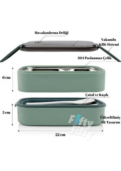 İki Kat Üç Bölmeli 304 Paslanmaz Çelik Yeni Nesil Yeşil Saklama Kabı, Lunchbox 1400 ML