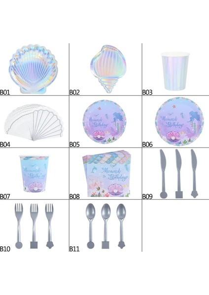 B11-16PCS Denizkızı Parti Tek Kullanımlık Sofra Renkli Kabuk Plaka Bardak Deniz Altında Parti Bebek Duş Küçük Denizkızı Doğum Günü Partisi Decora (Yurt Dışından)