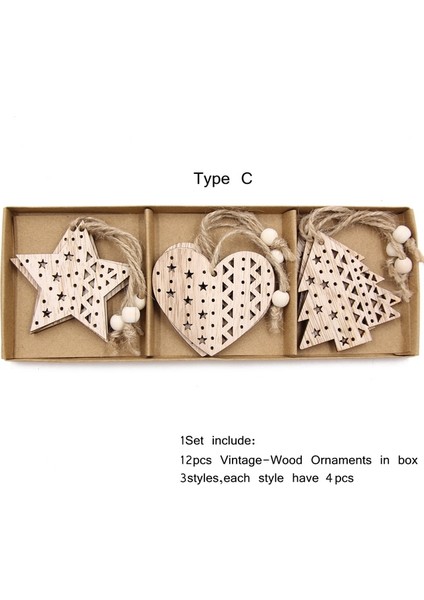 Kutu Tipi C 12 Adet/kutu Vintage Hollow Noel Ahşap Kolye Süsler Noel Partisi Süslemeleri Noel Ağacı Süsler Asılı Hediyeler (Yurt Dışından)