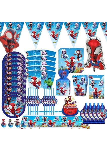 Patlamış Mısır Kutusu-6 Adet Örümcek Adam ve Arkadaşı Tema Spidey Doğum Günü Partisi Dekorasyon Tek Kullanımlık Sofra Plaka Kek Topper Çocuklar Boy Parti Malzemeleri (Yurt Dışından)