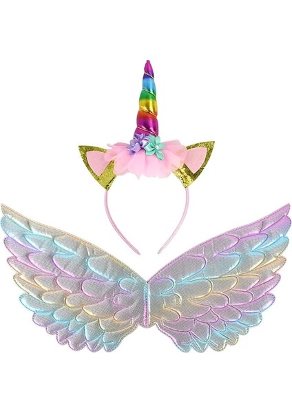 SET12 Unicorn Kafa Bandı Peri Melek Kanatları Çocuklar Hediye Kızlar Gökkuşağı Ünikorn Doğum Günü Partisi Dekorasyon Cosplay Sahne Malzemeleri Bebek Duş (Yurt Dışından)