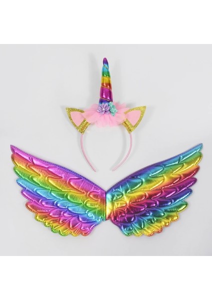 SET12 Unicorn Kafa Bandı Peri Melek Kanatları Çocuklar Hediye Kızlar Gökkuşağı Ünikorn Doğum Günü Partisi Dekorasyon Cosplay Sahne Malzemeleri Bebek Duş (Yurt Dışından) modelleri