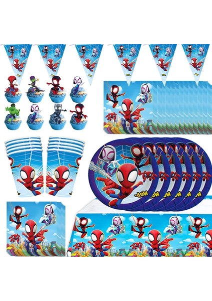 Patlamış Mısır Kutusu-6 Adet Örümcek Adam ve Arkadaşı Tema Spidey Doğum Günü Partisi Dekorasyon Tek Kullanımlık Sofra Balon Kek Topper Çocuklar Boy Parti Malzemeleri (Yurt Dışından)