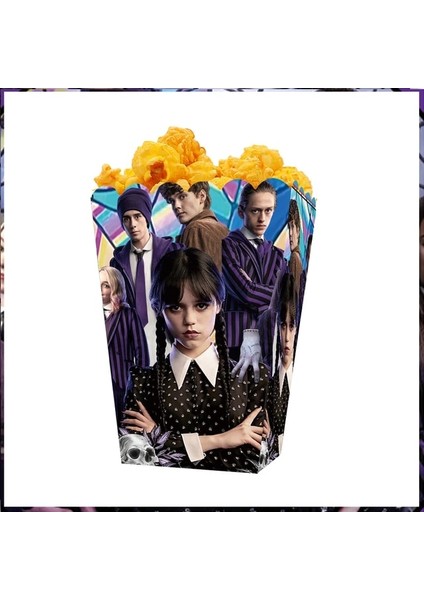 Patlamış Mısır Kutusu-6pcs Çarşamba Addams Doğum Günü Partisi Dekorasyon Çocuk Duş Erkek Kız Sofra Malzemeleri Fincan Masa Örtüsü Numaraları Balon Kek Zemin (Yurt Dışından)