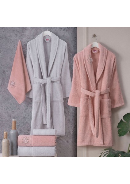 Hobby Line - Pamuklu Bornoz Seti - Pembe Gri