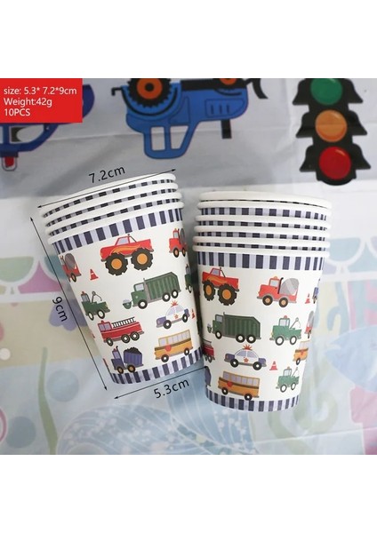 Fincan 10 Adet Inşaat Kamyonları Mühendislik Arabaları Parti Tek Kullanımlık Sofra Seti Plaka Hasır Şapka Doğum Günü Partisi Süslemeleri Çocuklar Kek Dekor (Yurt Dışından)