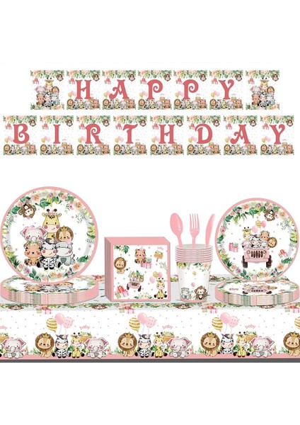 FORK-10PCS Masa Örtüsü Süslemeleri Pembe Orman Safari Tema Parti Malzemeleri Tek Kullanımlık Masa Örtüsü Sofra Bebek Duş Çocuk Doğum Günü Partisi (Yurt Dışından)