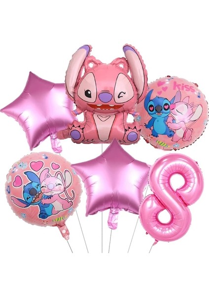 6 Adet Numarası 8 Pembe Lilo ve Dikiş Kızın Doğum Günü Dekorasyon Tek Kullanımlık Kağıt Tabak Afiş Peçete Bardak Balonlar Bebek Duş Çocuklar Parti Malzemeleri (Yurt Dışından)