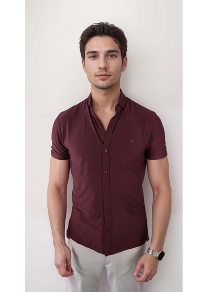 Erkek Likralı Bordo Kısa Kol Gömlek