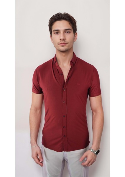 Erkek Likralı Kırmızı Kısa Kol Gömlek