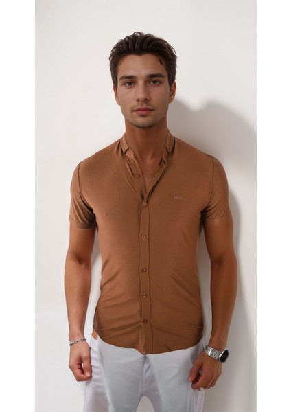 Erkek Likralı Kahve Kısa Kol Gömlek