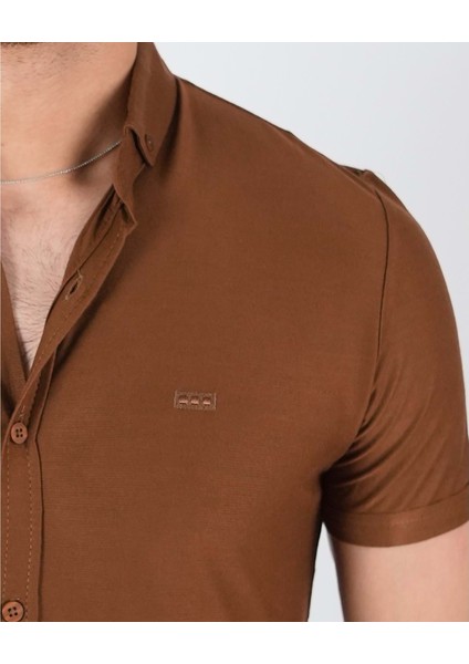 Erkek Likralı Kahve Kısa Kol Gömlek fiyatları