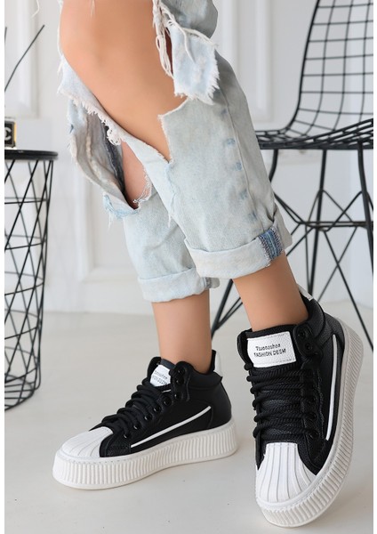 Siyah Suni Deri Bağcıklı Kadın Sneaker Kadın Ayakkabı