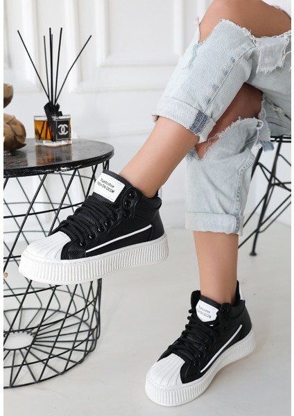 Siyah Suni Deri Bağcıklı Kadın Sneaker Kadın Ayakkabı