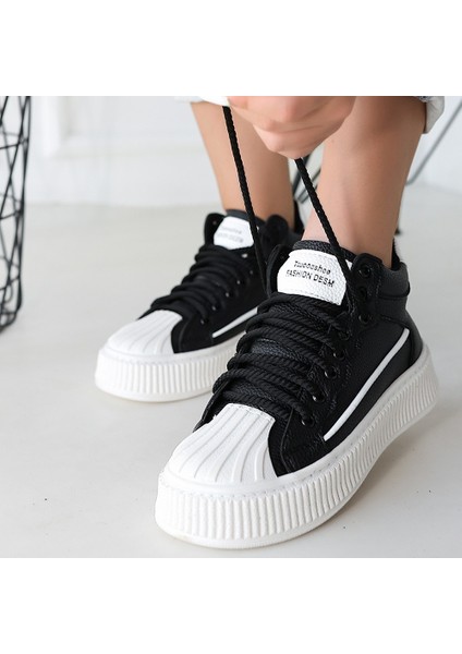 Siyah Suni Deri Bağcıklı Kadın Sneaker Kadın Ayakkabı