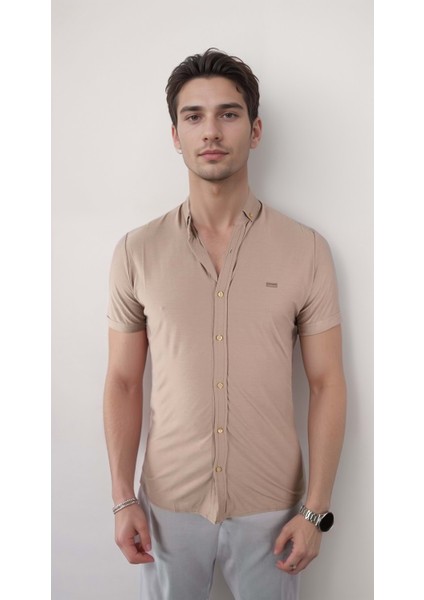 Erkek Likralı Toprak Kısa Kol Gömlek