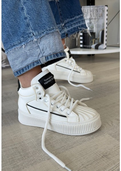 Beyaz Suni Deri Siyah Detaylı Bağcıklı Sneaker Kadın Ayakkabı fiyatları