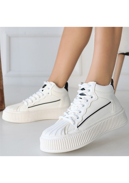 Beyaz Suni Deri Siyah Detaylı Bağcıklı Sneaker Kadın Ayakkabı fırsatları