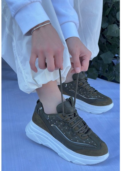 Yeşil Süet Bağcıklı Kadın Sneaker Ayakkabı