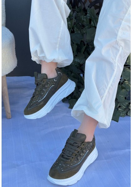 Yeşil Süet Bağcıklı Kadın Sneaker Ayakkabı