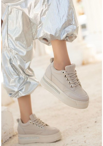 Bej Suni Deri Bağcıklı Kadın Sneaker Ayakkabı