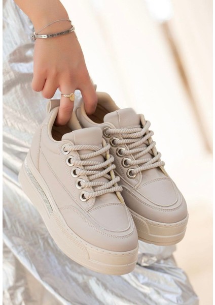 Bej Suni Deri Bağcıklı Kadın Sneaker Ayakkabı modelleri