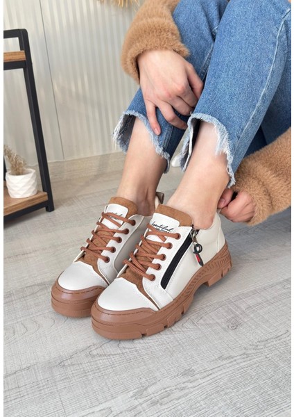 Bej Suni Deri Taba Tabanlı Bağcıklı Kadın Sneaker Ayakkabı