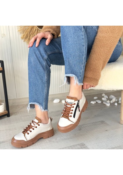 Bej Suni Deri Taba Tabanlı Bağcıklı Kadın Sneaker Ayakkabı
