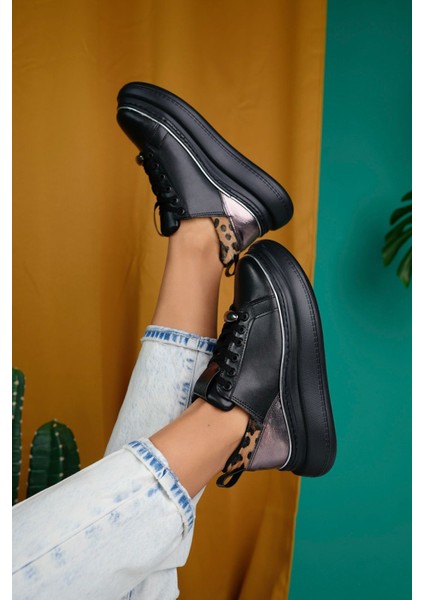 Siyah Suni Deri Bağcıklı Kadın Sneaker Ayakkabı modelleri
