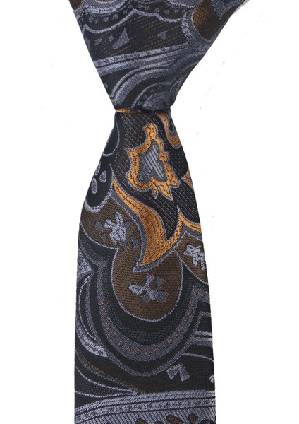 Dar Kesim Gri - Gold Desenli Slim 6 Cm. Hand Made Kravat