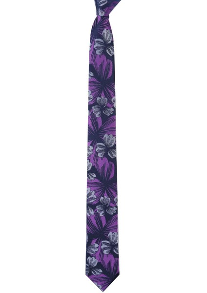 Dar Kesim Mor - Gri Çiçek Desenli Slim 6 Cm. Hand Made Kravat