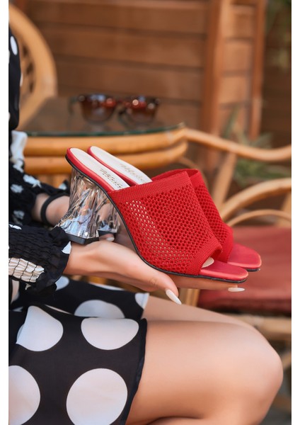 Kadın Kırmızı Triko Şeffaf Topuklu Terlik