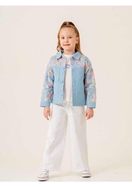 Kız Çocuk Tüllü Çiçek Işlemeli Kot Ceket T-Shirt Ikili Takım fiyatları