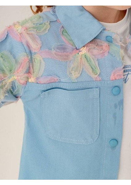 Kız Çocuk Tüllü Çiçek Işlemeli Kot Ceket T-Shirt Ikili Takım modelleri