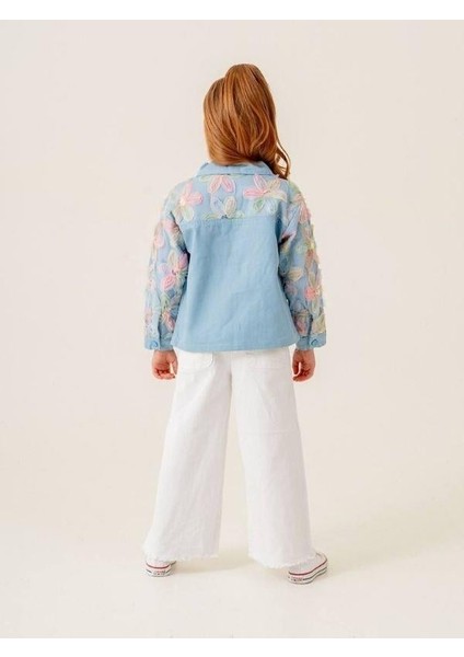 Kız Çocuk Tüllü Çiçek Işlemeli Kot Ceket T-Shirt Ikili Takım indirimleri