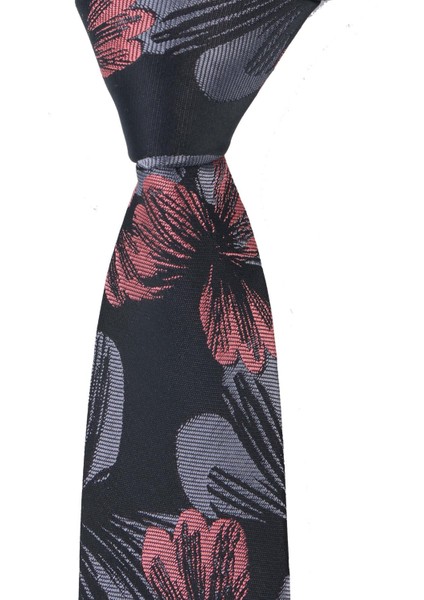 Dar Kesim Gri & Somon Çiçek Desenli Slim 6 Cm. Hand Made Kravat