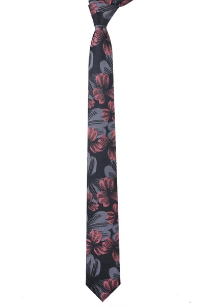 Dar Kesim Gri & Somon Çiçek Desenli Slim 6 Cm. Hand Made Kravat